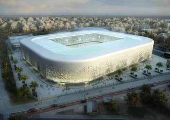 The modern design of the Sabah Al Salem stadium’s facade with wheat leaves pattern.