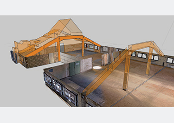 views of the scans of a factory hall with resulting watertight CAD model in As-Built Modeler.