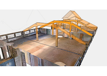 Views of the scans of a factory hall with resulting watertight CAD model in As-Built Modeler.