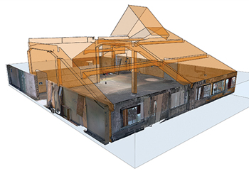 Top view of the scans of a factory hall, with the resulting CAD model in As-Built Modeler.