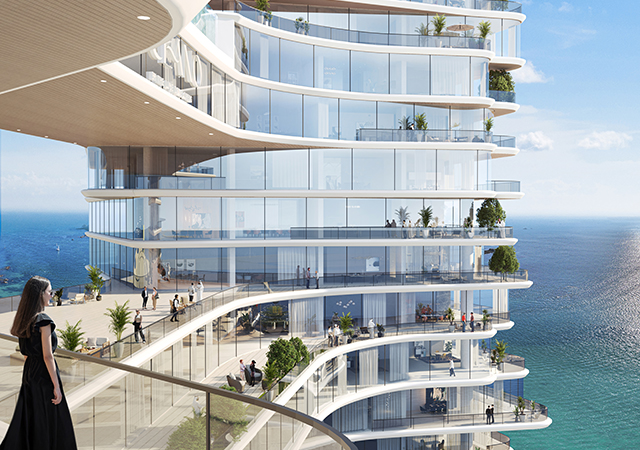 The design aims to offer residents panoramic sea views through glass façades, with minimalist white frames that wrap around the apartments and free-flowing floor plates.