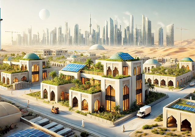 An AI-generated vision of sustainability-focused construction in the Arabian Gulf.